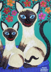 Naive artist Marie Jonsson-Harrison’s acrylic on canvas board painting (detail) of 3 Siamese cats