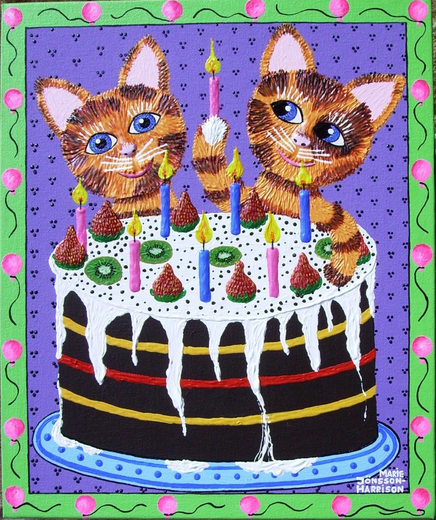 naive painting in of cats with a birthday cake celebrating their nine lives