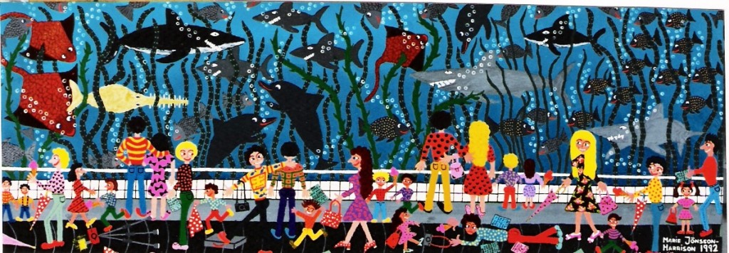 Acrylic naive painting by Marie Jonsson Harrison of the Sydney Aquarium featuring fish, stingrays, dolphins and sharks