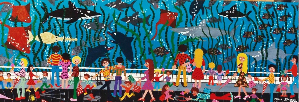 sharks,stinrays,fish,dolfins at SeaWorld underwater aquarium by naive artist marie jonsson harrison