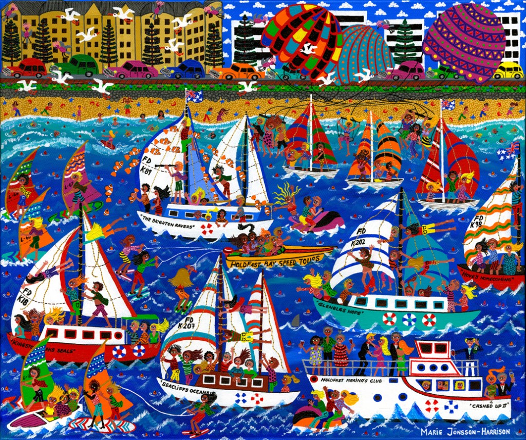 Painting of boats and yacht, hang gliders and beach life by artist Marie Jonsson-Harrison