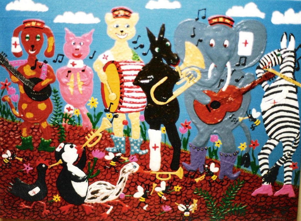 painting in the naive genre of a band made up of a pig,dog,bear,horse,elephant,zebra,penguin,chicken and duck playing instruments.