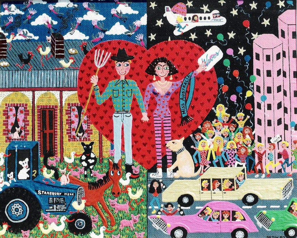 naive painting of an engaged couple,opposites attract a farmer with farm animals and a tractor and a city girl fond of nightclubs and excersise