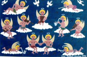 painting of angels sitting on a cloud playing musical instruments by naive artist marie jonsson-harrison