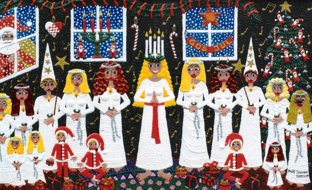 Swedish Saint Lucia tradition with girls all in white and a wreath of candles in their hair,celebrating 13th December