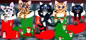 naive cats on christmas stockings painted by marie jonsson harrison which won an award