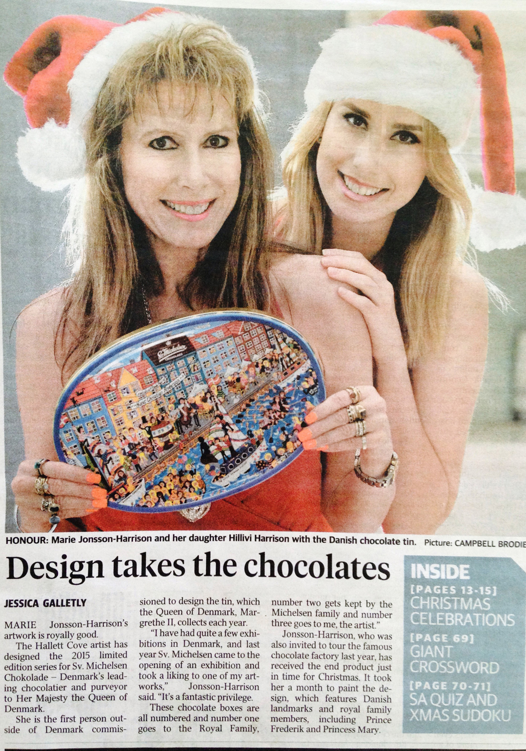 newspaper article and photo of South Australia artist Marie Jonsson-Harrison and daughter Hillivi Harrison with Sv Michelsen chocolate box from Denmark