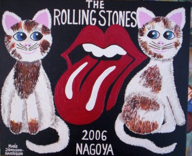 contemporary naive painting of the rolling stones logo and cats